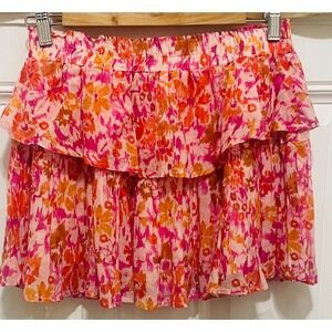 Olivaceous Ruffle Mini Skirt Floral Print Elastic Waist Casual Pink M